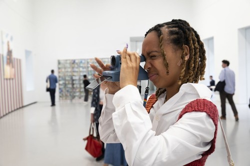 Portrait d'une femme faisant une photographie à l'aide d'un appareil polaroid dans une exposition. | Philippe DUREUIL Photographie